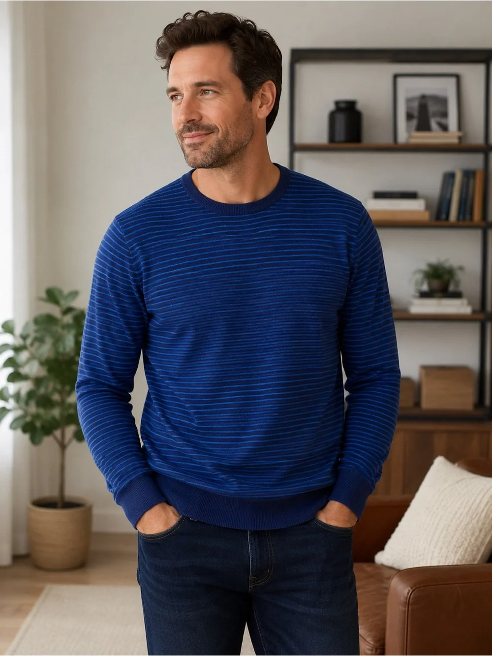 J.Crew Cotton-Cashmere Crewneck Striped Sweater Mens L Blue